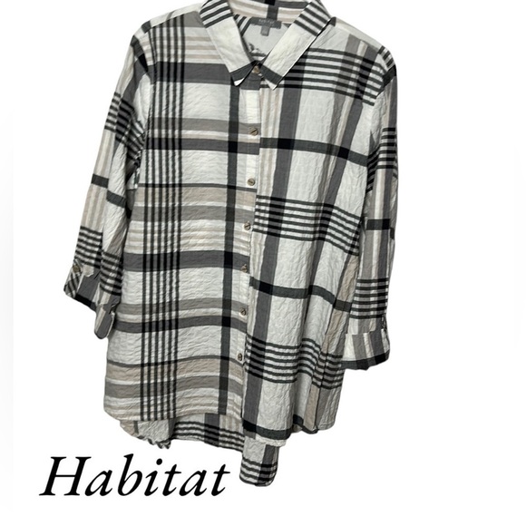 HABITAT LG  & XL gauzy crinkle button down shirt,black & white plaid, hi low - Picture 1 of 16